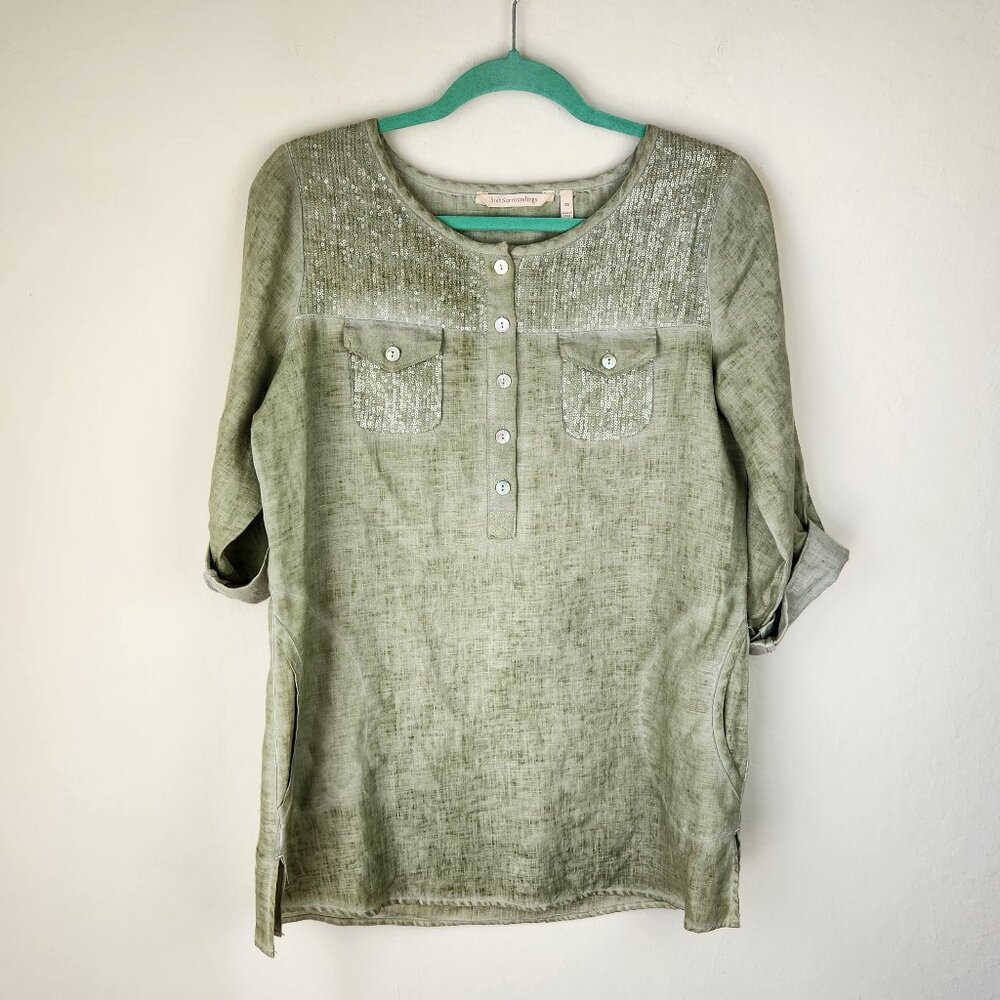 Soft Surroundings 100% Linen Sequin Henley Tunic Top Pockets Green XS *flawed*